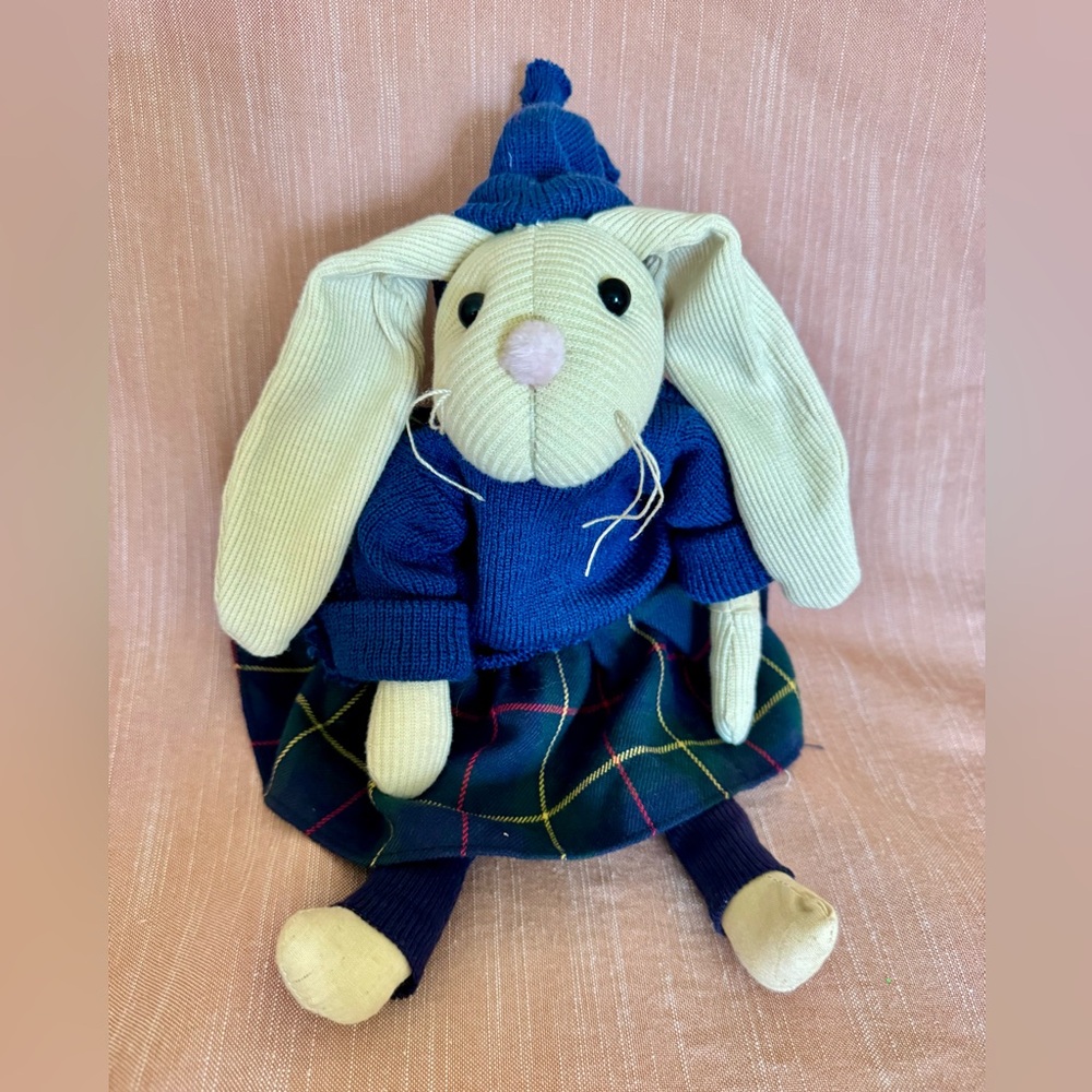 Vintage Pkudh Rag Doll Bunny in Blue Knit Sweater & Plaid Skirt-Easter 13”